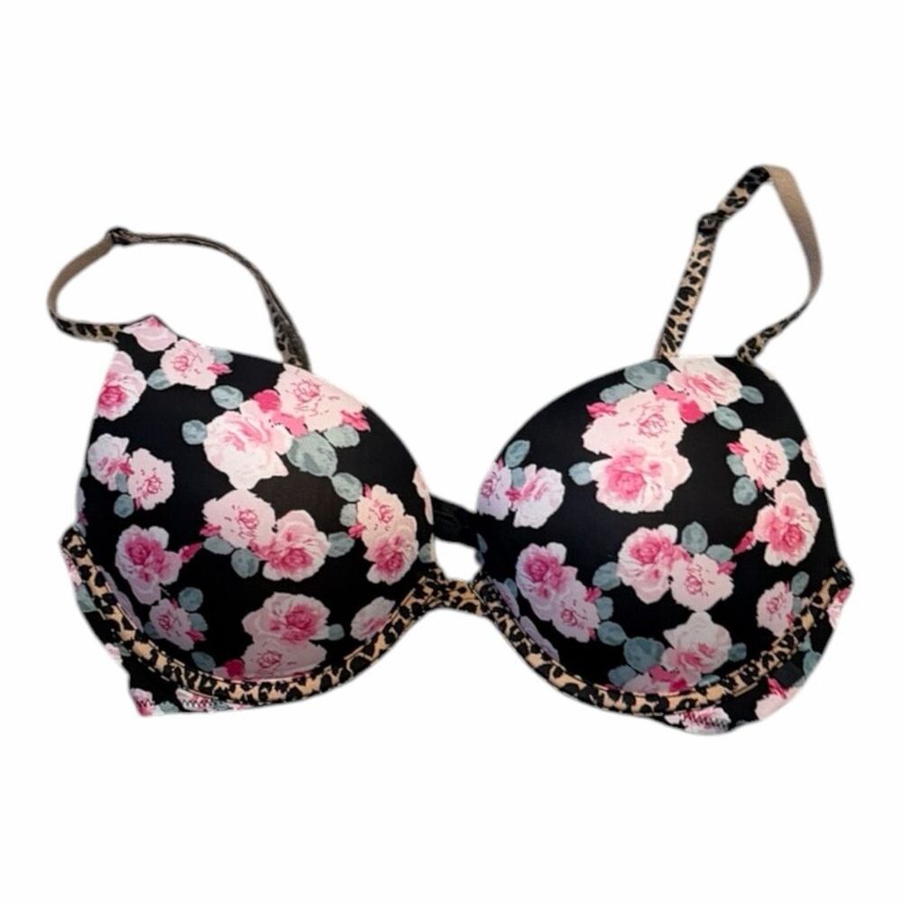 VICTORIA’S SECRET Women’s Black Floral Leopard Trim Push Up Bra Size 34C